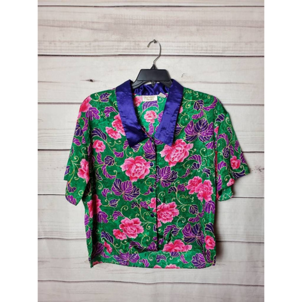 Victoria's Secret Green, Pink & Purple Floral Satin Pajama Top